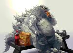  2022 4_fingers anthro back_spikes barbell belly bench beverage big_belly biped bodily_fluids bottle box claws container dessert doughnut eating finger_claws fingers food godzilla godzilla_(2014) godzilla_(series) green_body green_scales kaiju male obese obese_anthro obese_male overweight overweight_anthro overweight_male reptile scales scalie semi-anthro signature simple_background sitting solo spikes spikes_(anatomy) sweat sweatdrop sweaty_face toe_claws toho white_background yellow_sclera zetou 