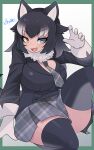  1girl absurdres animal_ears black_hair black_thighhighs blue_eyes breasts brown_eyes fang grey_necktie grey_skirt grey_wolf_(kemono_friends) highres kemono_friends large_breasts long_hair looking_at_viewer necktie open_mouth ryuusui_arumo skirt smile solo tail thighhighs white_hair wolf_ears wolf_girl wolf_tail 