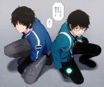  2boys badge black_footwear black_gloves black_pants blue_jacket boots cube fighting_stance from_above full_body futaba_08_cnmrl glasses gloves glowing green_eyes grey_background grey_footwear grey_pants jacket karasuma_kyousuke long_sleeves looking_ahead male_focus mikumo_osamu mikumo_squad&#039;s_uniform multiple_boys on_one_knee orange_eyes pants short_hair speech_bubble sword talking uniform weapon world_trigger 