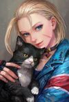  1girl antenna_hair black_choker blonde_hair blue_eyes cammy_white cat choker fingerless_gloves gloves highres jacket long_hair looking_at_viewer miche portrait scar solo street_fighter street_fighter_6 