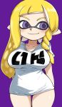  1girl absurdres arms_behind_back ass_visible_through_thighs asymmetrical_hair blonde_hair bottomless braid breasts closed_mouth collarbone cowboy_shot highres inkling inkling_girl large_breasts long_hair looking_to_the_side muramasa_mikado pointy_ears purple_background purple_eyes purple_pupils shirt short_sleeves simple_background smile solo splatoon_(series) splatoon_3 standing t-shirt thighs white_shirt 