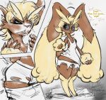  2018 after_transformation ambiguous_gender anthro black_sclera briefs brown_body brown_fur clothing dialogue digital_media_(artwork) english_text eyes_closed fur generation_4_pokemon hi_res looking_down lopunny nintendo pink_eyes pokemon pokemon_(species) shirt solo standing surprise tail tank_top text thwillartz topwear torn_clothing underwear white_clothing white_shirt white_tank_top white_topwear wide_hips 