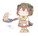  1girl :3 animal_ears apron blush_stickers bow bowtie brown_bow brown_bowtie brown_hair cat_ears cat_tail chen chibi citrus_(place) closed_eyes dress food full_body hat holding holding_pan holding_spoon mob_cap multiple_tails nekomata omelet paw_print plaid plaid_apron red_dress short_hair simple_background slippers solo spoon tail touhou two_tails white_background yakumo_ran yakumo_ran_(fox) 