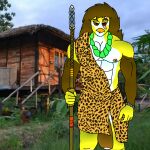  anthro avian cabin clive_runefist clive_runefist_(character) european_mythology genitals grass greek_mythology hair hi_res jewelry long_hair male melee_weapon mostly_nude mythological_avian mythological_firebird mythology penis penis_tip phoenix photo_background photography_(artwork) plant polearm solo spear tribal tribal_outfit weapon 