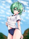  1girl alternate_costume antennae black_buruma blurry blurry_background breasts buruma closed_mouth clothes_pull cloud commentary_request cowboy_shot green_eyes green_hair gym_uniform highres looking_at_viewer matelia medium_breasts navel outdoors pulled_by_self shirt shirt_pull short_sleeves sky smile solo touhou white_shirt wriggle_nightbug 