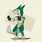  animated anthro claws digital_media_(artwork) feet fur gold_(metal) gold_jewelry green_body green_fur heressic jewelry jorm low_res male mammal markings necklace nude sergal short_playtime simple_background smile solo tail teeth toe_claws white_body white_fur 