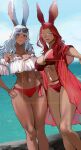  2girls absurdres animal_ears bikini breasts dark-skinned_female dark_skin eyewear_on_head final_fantasy final_fantasy_xiv frilled_bikini frills glasses grey_hair hand_on_own_hip highres holding_another&#039;s_arm large_breasts mismatched_bikini multiple_girls navel one_eye_closed open_clothes open_mouth open_shirt purple_eyes rabbit_ears red_bikini red_eyes red_hair selfie short_sleeves sunglasses swimsuit viera warrior_of_light_(ff14) water wefightasone_1 