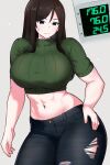  1girl alternate_muscle_size amogan breasts bust_measuring denim girls_und_panzer green_sweater highres jeans large_breasts measurements measuring nonna_(girls_und_panzer) pants short_sleeves solo sweater three_sizes torn_clothes waist_measuring 