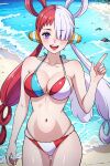  1girl blush breasts hair_over_one_eye highres large_breasts long_hair looking_at_viewer multicolored_hair non-web_source one_eye_covered one_piece one_piece_film:_red open_mouth purple_eyes red_hair smile solo split-color_hair swimsuit uta_(one_piece) white_hair 