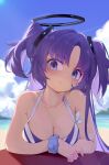  1girl absurdres beach bikini blue_archive blue_bikini blue_scrunchie blush breasts chinese_commentary cleavage closed_mouth cloud cloudy_sky collarbone day halo highres large_breasts long_hair looking_at_viewer mechanical_halo ocean outdoors painterliuhao purple_eyes purple_hair scrunchie sky solo swimsuit two_side_up upper_body white_bikini wrist_scrunchie yuuka_(blue_archive) 