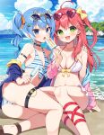  2girls :d :o ahoge ass bare_shoulders bikini black_choker blue_eyes blue_hair blue_jacket blue_sky blush bow bow_bikini breasts choker cleavage cloud cloudy_sky commentary_request day eyewear_on_head food green_eyes hair_between_eyes hair_bow hair_ornament hairclip hand_on_another&#039;s_shoulder heart heart-shaped_eyewear heart_bikini holding holding_food hololive hoshimachi_suisei ice_cream jacket long_hair looking_at_viewer mauve medium_breasts multiple_girls off_shoulder one_side_up open_clothes open_jacket outdoors pink_jacket popsicle purple-framed_eyewear red_hair sakura_miko side_ponytail sky small_breasts smile star-shaped_eyewear star_(symbol) striped striped_bikini sunglasses swimsuit very_long_hair virtual_youtuber white_bikini x_hair_ornament yellow-framed_eyewear yellow_bow 