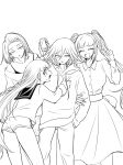  1boy 3girls :d :o ass bare_shoulders braid breasts clenched_hand collarbone collared_shirt danganronpa_(series) danganronpa_v3:_killing_harmony dice_members_(danganronpa) dress_shirt earrings feet_out_of_frame greyscale hair_between_eyes hand_in_pocket hand_up highres holding holding_phone hood hood_down hoodie jewelry large_breasts long_hair long_sleeves medium_hair monochrome multiple_girls oma_kokichi open_mouth pants phone sailor_collar shachoo_(poco_poco) shirt shirt_tucked_in shorts skirt smile sweat twintails 