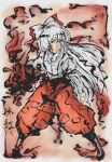  1girl closed_mouth collared_shirt farusu fire fujiwara_no_mokou full_body highres long_hair long_sleeves pants puffy_pants red_eyes red_pants shirt solo touhou traditional_media v-shaped_eyebrows very_long_hair white_hair white_shirt 