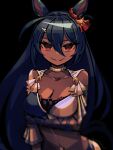  1girl ahoge allen_(makaroll) animal_ears artist_name black_background blue_hair blurry breasts cleavage closed_mouth collarbone commentary crop_top dark-skinned_female dark_blue_hair dark_skin ear_scrunchie fang gold_choker hair_between_eyes hand_on_own_arm hishi_amazon_(umamusume) horse_ears light_blush long_bangs long_hair looking_at_viewer medium_breasts midriff navel no_pupils red_eyes red_scrunchie scrunchie simple_background skin_fang smile solo split_mouth umamusume upper_body very_long_hair 