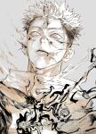  1boy aura blood greyscale highres hood hood_down itadori_yuuji jacket jozpic jujutsu_kaisen looking_at_viewer male_focus monochrome parted_lips scar scar_on_face short_hair simple_background solo undercut upper_body 