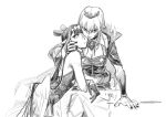  2girls absurdres arm_support bare_shoulders black_nails breasts glaring guiyu_(nocaudal) hand_on_another&#039;s_face heads_together highres hololive hololive_english large_breasts long_hair looking_at_viewer monochrome mori_calliope multiple_girls ninomae_ina&#039;nis sketch tiara tongue tongue_out very_long_hair virtual_youtuber wings yuri 