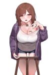  1girl :d black_shorts blush body_writing breasts brown_eyes brown_hair canvas_(object) cleavage collarbone commission jacket jewelry large_breasts long_hair long_sleeves looking_at_viewer off_shoulder open_clothes open_jacket open_mouth original pixiv_commission purple_jacket ring sangobob shirt short_shorts shorts simple_background single_bare_shoulder smile solo swept_bangs tank_top thigh_gap translation_request white_background white_shirt 