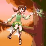  1girl :d bangs bare_shoulders brown_eyes brown_footwear brown_hair celebi commentary detached_sleeves eyelashes ffccll full_body green_skirt green_vest hand_up long_hair looking_to_the_side lyra_(pokemon) lyra_(sygna_suit)_(pokemon) official_alternate_costume open_mouth outdoors pokemon pokemon_(creature) pokemon_(game) pokemon_masters_ex sandals sitting skirt smile teeth tongue tree twintails upper_teeth_only vest 