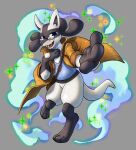  absurd_res anthro biped canid canine clothed clothing eyewear generation_4_pokemon glasses grey_background haychel hi_res lucario mammal nintendo open_mouth open_smile pokemon pokemon_(species) reaching_towards_viewer simple_background smile solo tail white_body 