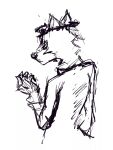  3:4 anthro black_and_white canid canine canis clothed clothing crown_of_thorns crunchy_bunny_artsy esteban_(oppression) guide_lines looking_at_hand male mammal monochrome neck_tuft rear_view simple_background sketch solo tuft unfinished white_back white_background wolf 