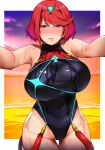  1girl artist_name bakkanki bare_arms bare_shoulders black_one-piece_swimsuit commission competition_swimsuit cowboy_shot dusk highres one-piece_swimsuit outstretched_arms pyra_(pro_swimmer)_(xenoblade) pyra_(xenoblade) red_eyes red_hair red_one-piece_swimsuit sample_watermark skeb_commission solo sunset swept_bangs swimsuit thigh_gap two-tone_swimsuit water wet wet_clothes wet_swimsuit xenoblade_chronicles_(series) xenoblade_chronicles_2 