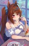  1girl absurdres animal_ears antenna_hair bare_shoulders blue_skirt blush breast_rest breasts brown_hair c2h6o cleavage daiwa_scarlet_(umamusume) dessert eating food hair_intakes highres horse_ears horse_girl large_breasts looking_at_viewer off-shoulder_shirt off_shoulder pout red_eyes shirt sitting skirt solo twintails umamusume white_shirt 