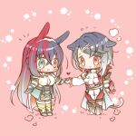  1boy 1girl alcryst_(fire_emblem) alear_(female)_(fire_emblem) alear_(fire_emblem) animal_ears ascot asymmetrical_hair blue_eyes blue_hair blush chibi fire_emblem fire_emblem_engage hair_ornament hairclip heterochromia long_hair multicolored_hair red_eyes red_hair short_hair simple_background skirt skt_s two-tone_hair white_ascot 