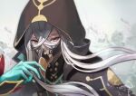  1boy asclepius_(fate) black_jacket fate/grand_order fate_(series) green_eyes highres hood hood_up hooded_jacket jacket long_hair long_sleeves looking_at_viewer male_focus mask neon_trim plague_doctor_mask solo touchika upper_body white_hair 