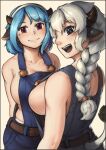  2girls animal_ears backlighting belt blue_eyes blue_hair blue_overalls blush borrowed_character braid braided_ponytail breasts brown_belt brown_horns cleavage closed_mouth commentary commentary_request cow_ears cow_girl cow_horns cow_tail cowboy_shot english_commentary fake_animal_ears fake_horns grey_background highres horns large_breasts long_hair looking_at_viewer looking_back multiple_girls nandi_(puchirisu) open_mouth original overalls puchirisu red_eyes rina_atherina sideboob simple_background smile tail tail_through_clothes teeth tongue upper_teeth_only white_hair 