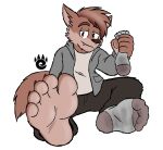  2023 5_fingers 5_toes anthro black_bottomwear black_clothing black_pants boris_(robertthepirate) bottomwear brown_body brown_fur brown_hair brown_nose canid canine canis claws clothing coat dirty_socks eyebrows fangs feet fingers fluffy fluffy_tail foot_fetish foot_focus footwear fur grey_clothing grey_coat grey_topwear hair hi_res looking_at_viewer male mammal pants pockets prick_ears razyfoxxo short_hair simple_background sitting sitting_on_ground smile socks socks_removed solo tail teeth toe_claws toes topwear white_background wolf 