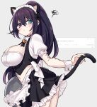  1girl animal_ears apron black_bow black_eyes black_hair black_skirt black_vest blue_eyes blush bow breasts cat_ears cat_girl cat_tail center_frills cleavage closed_mouth commentary_request frilled_apron frilled_skirt frilled_wrist_cuffs frills genderswap genderswap_(mtf) grey_background hair_bow heterochromia high_ponytail highres hong_lu_(limbus_company) large_breasts limbus_company long_hair maid maid_headdress midriff project_moon shiki_(shikki46) simple_background skirt solo sweat tail translation_request tray very_long_hair vest wrist_cuffs 