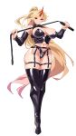  1girl abs absurdres bdsm black_panties black_thighhighs blonde_hair bondage_outfit breasts commentary_request detached_sleeves dominatrix fugaku_(miko_no_miyatsuguchi) full_body garter_straps halterneck highres holding holding_whip horns hoshiguma_yuugi large_breasts latex latex_thighhighs leather_panties long_hair looking_at_viewer navel oni oni_horns panties pointy_ears ponytail red_horns single_horn smile star_(symbol) thighhighs touhou underwear very_long_hair whip white_background 