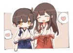  2girls akagi_(kancolle) bangs blue_hakama blush brown_eyes brown_hair closed_eyes closed_mouth hair_between_eyes hakama hakama_skirt heart ina_(1813576) japanese_clothes kaga_(kancolle) kantai_collection long_hair multiple_girls open_mouth red_hakama side_ponytail sidelocks skirt smile spoken_heart tasuki 