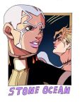  2boys blonde_hair cassock dark-skinned_male dark_skin enrico_pucci hage_tashuumi jojo_no_kimyou_na_bouken lipstick makeup male_focus multiple_boys ponytail priest scar scar_on_face shooting_star stitched_neck stitches stone_ocean white_hair 