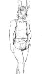  anthro beak black_and_white bottomwear bulge clothing hi_res hladilnik looking_away male monochrome shirt simple_background solo standing tagme tank_top topwear underwear unknown_species whiskers white_background 