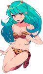  1girl animal_print bikini breasts full_body green_hair highres horns long_hair looking_at_viewer lum navel oni oni_horns open_mouth orange_eyes pointy_ears print_bikini print_footwear rumic_0620 solo strapless strapless_bikini swimsuit tiger_print urusei_yatsura white_background yellow_bikini 