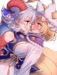  2girls animal_ears bare_shoulders blonde_hair blue_tabard breasts commentary_request curly_hair eye_contact fox_ears fox_tail gold_trim grey_hair grin hat highres huge_breasts looking_at_another masanaga_(tsukasa) medium_hair mob_cap multiple_girls multiple_tails profile sideways_mouth simple_background smile tabard tail touhou toutetsu_yuuma white_background yakumo_ran yellow_eyes yuri 