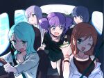  5girls aqua_hair bang_dream! brown_hair brown_tank_top car_interior commentary dress drill_hair food green_dress green_eyes grey_shirt highres hikawa_sayo holding holding_food imai_lisa jacket long_hair minato_yukina multiple_girls ocean open_mouth pine_(pinepipp) purple_eyes purple_hair road_trip roselia_(bang_dream!) shirokane_rinko shirt smile symbol-only_commentary tank_top udagawa_ako white_jacket 