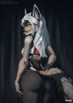  anthro butt canid canine canis female fluffy fluffy_tail foxovh fur green_eyes hair hi_res jackal looking_at_viewer mammal multicolored_body multicolored_fur side-striped_jackal solo sportswear tail valtzi white_hair 