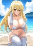  1girl adjusting_hair beach bikini blonde_hair blue_sky breasts cloud collarbone elbow_gloves english_commentary gloves hair_between_eyes hellandheaven highleg highleg_bikini highres large_breasts long_hair mixed-language_commentary navel ocean outdoors paid_reward_available parted_lips shokuhou_misaki sky smile solo sparkling_eyes spider_web_print squatting swimsuit thighhighs toaru_kagaku_no_mental_out toaru_kagaku_no_railgun toaru_majutsu_no_index white_bikini white_gloves white_thighhighs yellow_eyes 