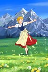  1girl :d apron arms_at_sides black_footwear blonde_hair blue_eyes blue_vest blush bow dandelion dandelion_clock dated day field flats flower full_body highres looking_to_the_side maria_kutschera_(trapp_ikka_monogatari) mountain no_socks open_mouth outdoors outstretched_arms pine_tree plantar_flexion puffy_short_sleeves puffy_sleeves red_skirt sakai_yume shirt short_hair short_sleeves skirt smile solo spread_arms teeth the_sound_of_music tiptoes trapp_ikka_monogatari tree upper_teeth_only vest waist_apron waist_bow white_shirt world_masterpiece_theater yellow_apron yellow_bow yellow_flower 