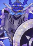  1other absurdres armor blue_background blue_fire chaosdukemon digimon digimon_(creature) fire harumitei helmet highres holding holding_shield horns looking_at_viewer no_humans pauldrons shield shoulder_armor simple_background solo upper_body yellow_eyes 