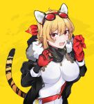  1girl animal_ears belt blonde_hair breasts claw_pose eyewear_on_head fangs fur_trim gloves head_scarf hololive hololive_indonesia jacket kaela_kovalskia kaela_kovalskia_(1st_costume) large_breasts mitsumine_(ookami_no_oyashiro) open_mouth red_eyes red_gloves simple_background solo sunglasses tail tiger_ears tiger_tail virtual_youtuber yellow_background 