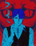  1boy absurdres blue_hair cigarette daan_(fear_&amp;_hunger) eyepatch fear_&amp;_hunger fear_&amp;_hunger_2:_termina highres holding holding_cigarette kocho_15 limited_palette long_sleeves looking_at_viewer male_focus neck_ribbon pocketcat_(fear_&amp;_hunger) red_background red_eyes ribbon shirt short_hair smoke twitter_username upper_body 