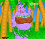  anthro badgerben belly big_belly big_breasts blue_sky breasts brown_eyes clothing detailed_background english_text feathers female forest forest_background gesture grass hand_on_hip headgear headwear hippopotamid huge_breasts hula_skirt leaf looking_at_viewer mammal moria_(badgerben) nature nature_background open_mouth overweight overweight_female plant pointing pointing_at_viewer purple_body sky solo text tree 