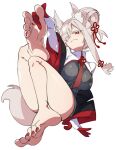  1girl absurdres animal_ear_fluff animal_ears barefoot blush breasts closed_mouth commission convenient_leg dress eyelashes feet folded_ponytail foot_up foreshortening fox_ears fox_girl fox_tail full_body gloves grey_dress grey_hair hair_ornament hair_over_one_eye highres impossible_clothes large_breasts leaning_back long_sleeves looking_at_viewer nail_polish one_eye_closed original parted_bangs pixiv_commission red_eyes red_nails short_eyebrows simple_background soles solo tail thick_eyebrows thighs toenail_polish toenails toes ushiki_yoshitaka white_background wide_sleeves 