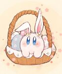  animal_ears basket blue_eyes blush blush_stickers closed_mouth commentary ear_down easter easter_egg egg english_commentary fake_animal_ears flower guarani_(muku_6930) hairband highres in_basket kirby kirby_(series) looking_at_viewer no_humans rabbit_ears simple_background solo star_(symbol) white_flower yellow_background 