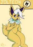  2021 absurd_res anthro artist_name biped breasts dated eeveelution featureless_breasts female fur generation_1_pokemon hi_res jolteon kooriki markings mole_(marking) nintendo open_mouth pokemon pokemon_(species) purple_eyes sitting solo yellow_body yellow_fur 