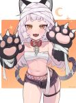  1girl :3 absurdres animal_collar animal_ears animal_hands bandaged_head bandaged_tail bandages bare_shoulders black_shorts broken broken_chain cat_ears cat_tail chain chest_sarashi collar commentary_request cowboy_shot crescent fake_animal_ears fake_tail fangs fishnets flat_chest garter_straps gloves grey_hair hands_up highres hololive hoshi_usagi light_blush long_hair looking_at_viewer murasaki_shion navel open_fly open_mouth orange_background paw_gloves red_collar sarashi short_eyebrows short_shorts shorts sidelocks single_garter_strap smile solo star_(symbol) stomach tail teeth thigh_strap two-tone_background v-shaped_eyebrows virtual_youtuber white_background yellow_eyes 