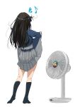  1girl absurdres belt black_hair black_socks blue_belt blue_dress clothes_lift commentary_request dress dress_lift eighth_note electric_fan facing_away fanning_self from_behind grey_dress heart highres inoue_takina kneehighs lifted_by_self long_hair lycoris_recoil lycoris_uniform misskiwi musical_note nishikigi_chisato no_shoes pleated_dress simple_background socks solo two-tone_dress white_background 